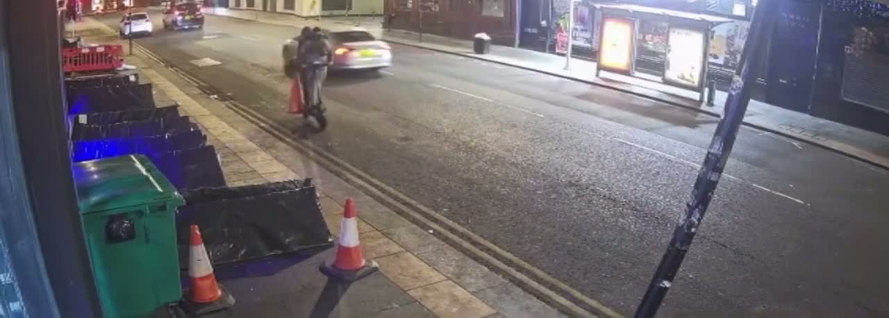 Masked e-scooter thugs throw traffic cone at homeless man in Glasgow